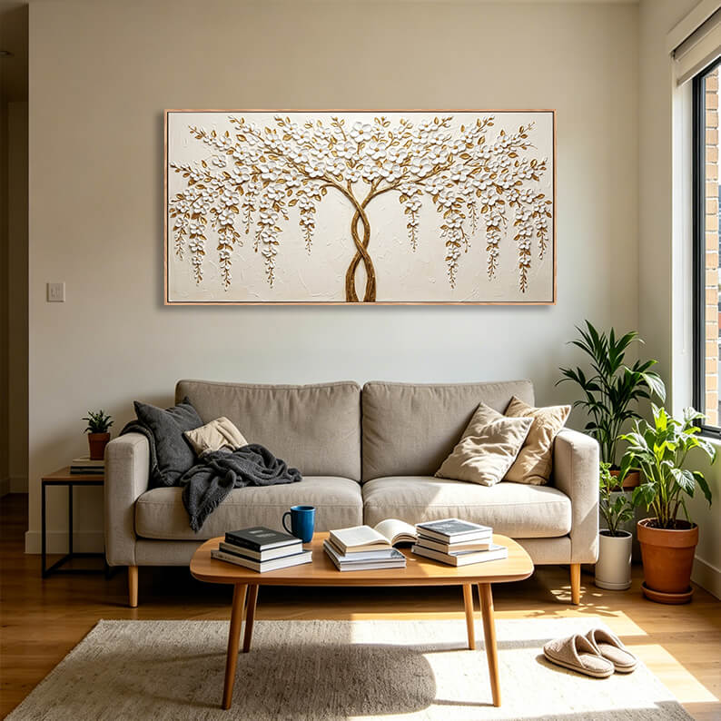 Three dimensional hand painted canvas artwork, golden tree of life with textured white flowers, heavy impasto technique creates raised sculpted effect, luxury home decoration