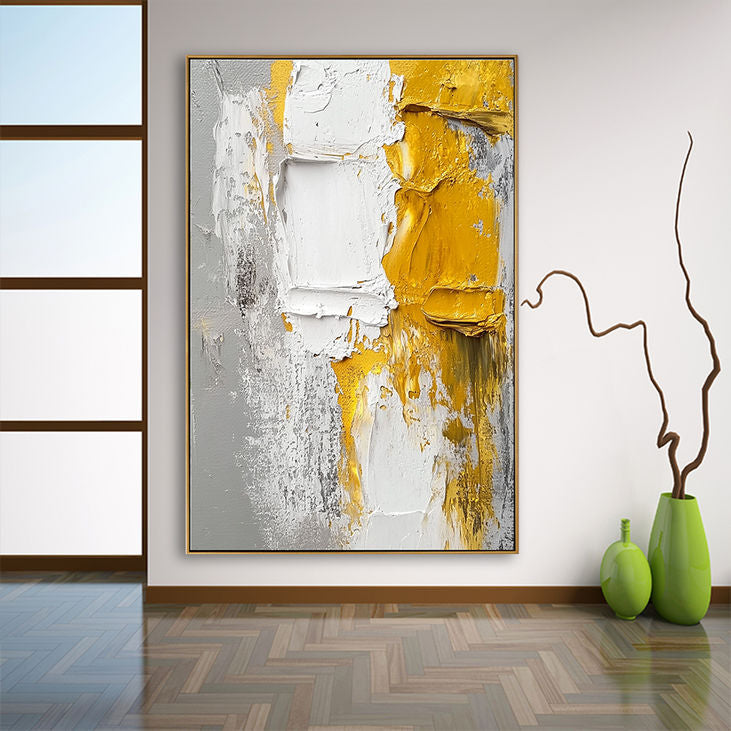 Abstract Canvas Art: Modern Yellow and White #YX193