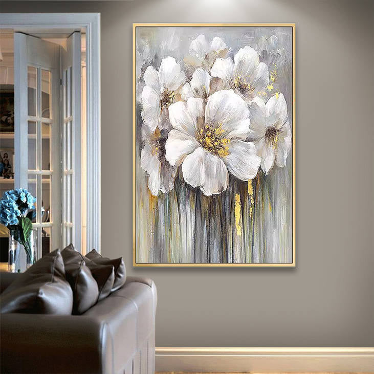 Gold-Accented White Floral Handmade Canvas Art #YX242