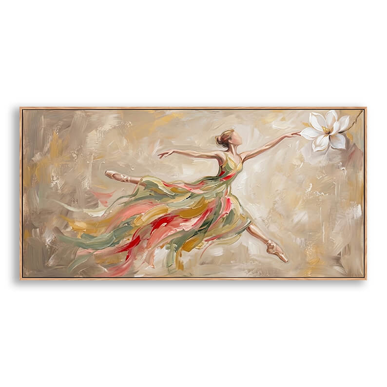 Hand-painted ballerina dancer in flowing colorful dress reaching for white magnolia flower, warm beige background with thick impasto brushstrokes