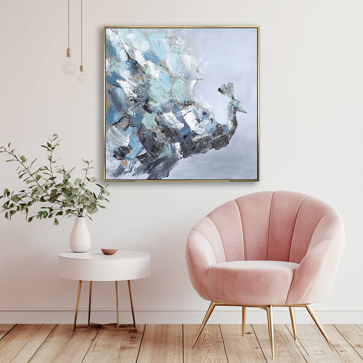 Abstract Peacock Canvas Painting | Blue Gray Textured Wall Decor #YX300