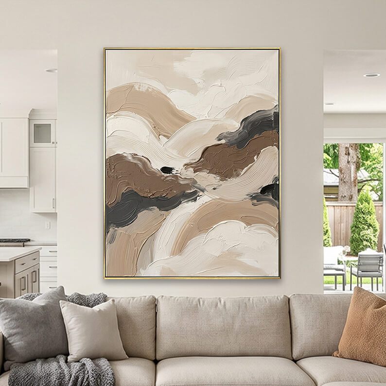 Large hand-painted abstract texture canvas art hanging on a wall in a bright sunroom with large windows.