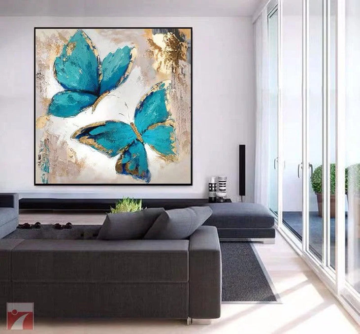 Elegant Blue Butterfly Art with Gold Accents #YX326