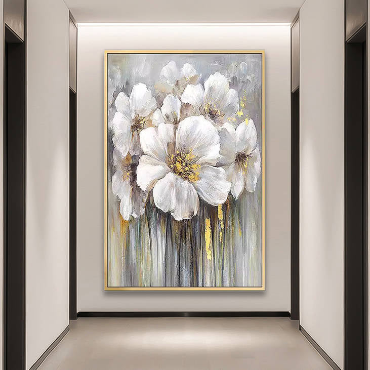 Gold-Accented White Floral Handmade Canvas Art #YX242