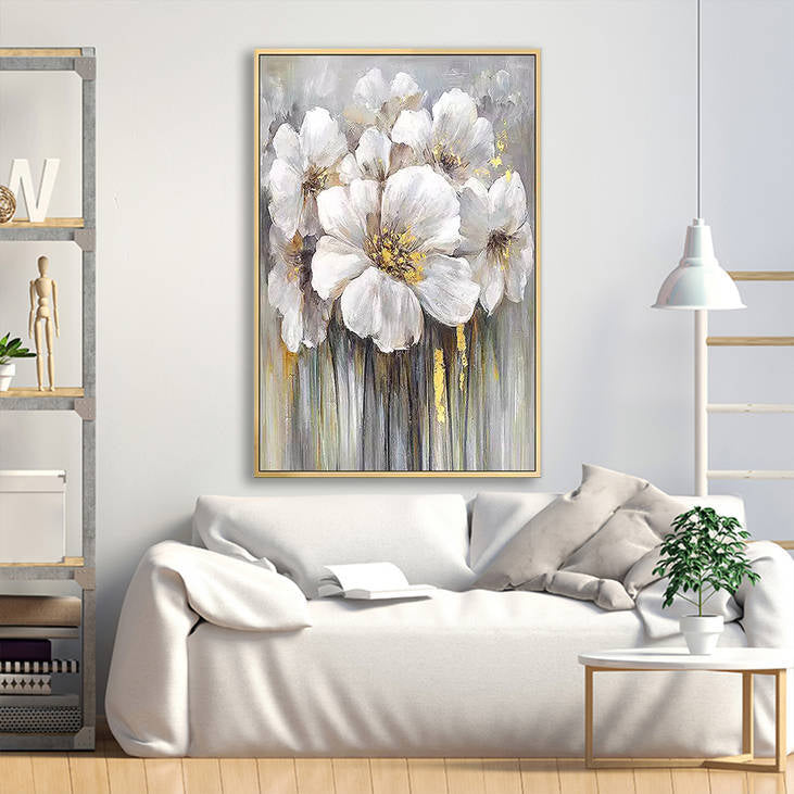 Gold-Accented White Floral Handmade Canvas Art #YX242