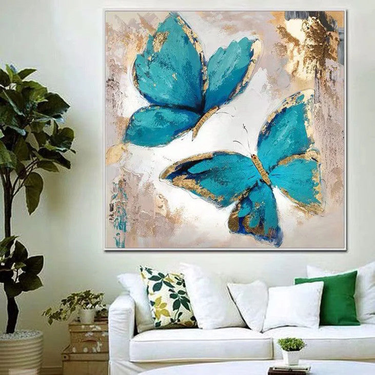 Elegant Blue Butterfly Art with Gold Accents #YX326