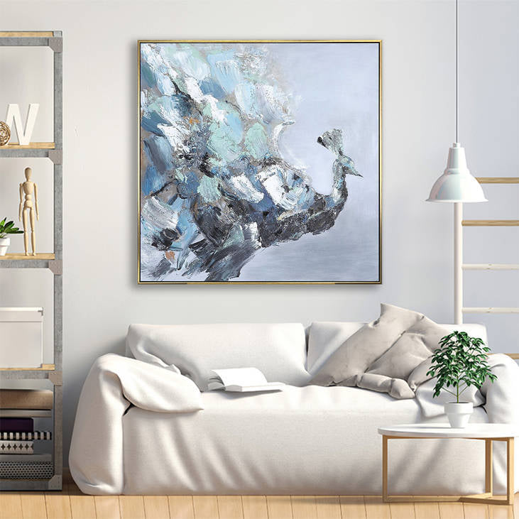 Abstract Peacock Canvas Painting | Blue Gray Textured Wall Decor #YX300