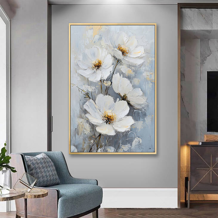 Handmade White Floral Abstract Canvas Painting #YX233