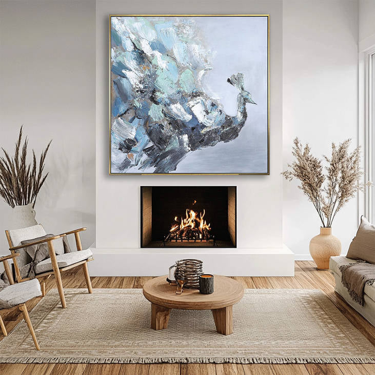 Abstract Peacock Canvas Painting | Blue Gray Textured Wall Decor #YX300
