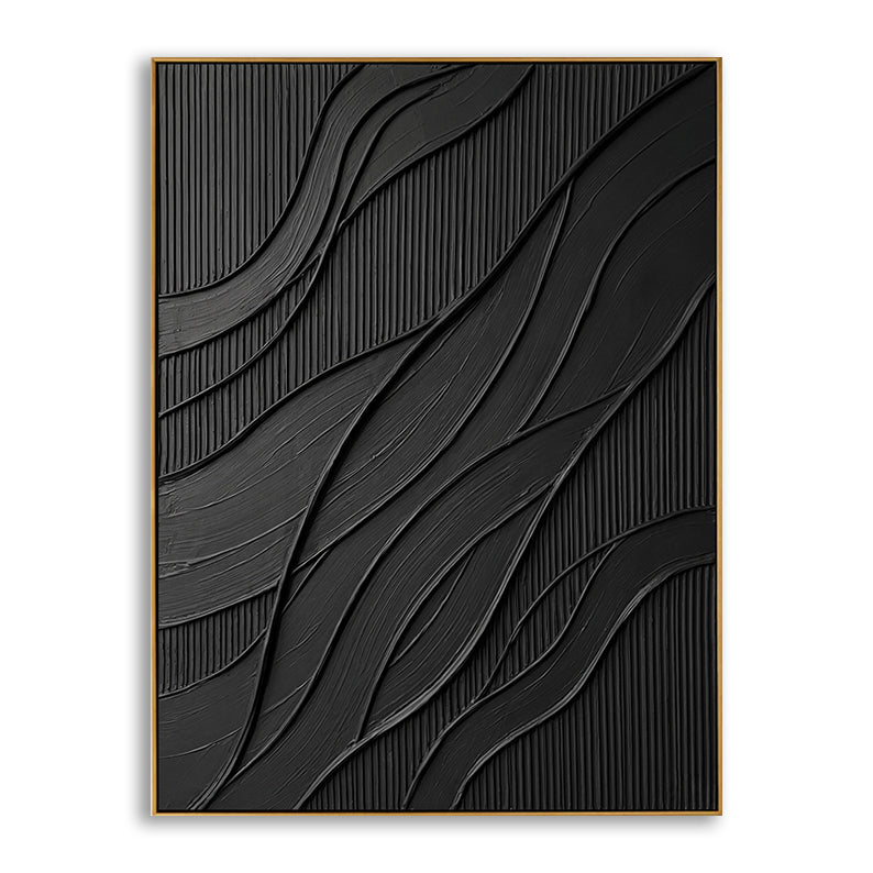 High-resolution studio shot showing the intricate vertical and wavy textures of the black abstract painting.