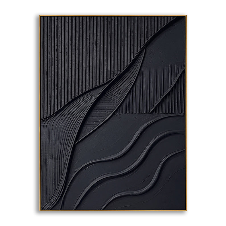 Full view of the 3D black hand-painted abstract painting showing detailed vertical and wavy textures on a white background.