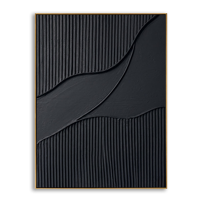 Full view of the black hand-painted painting showing vertical linear ridges and a smooth central wave design.