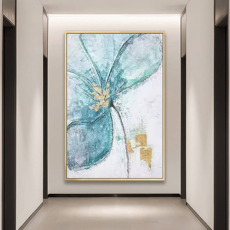 Teal Gold Abstract Floral Hand-Painted Wall Art #YX244