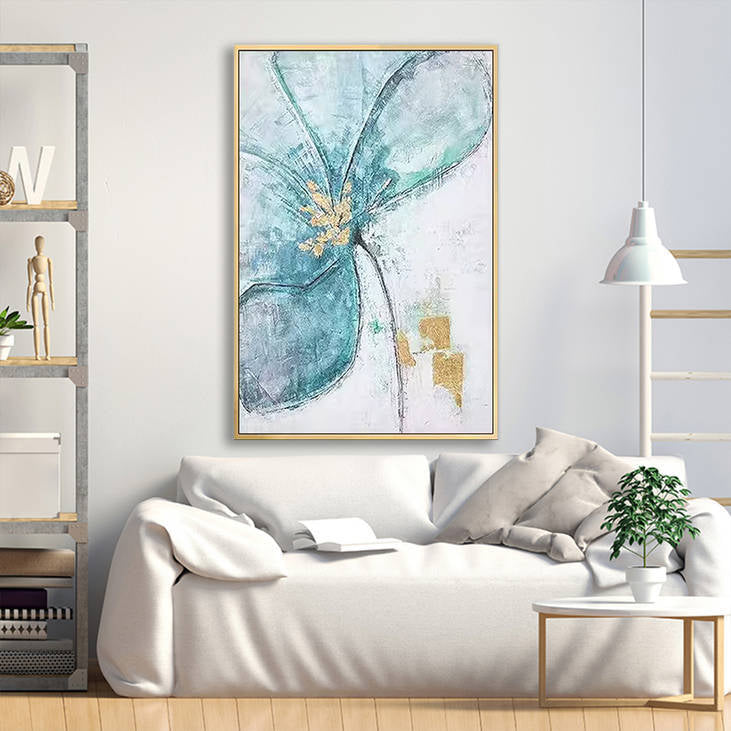 Teal Gold Abstract Floral Hand-Painted Wall Art #YX244