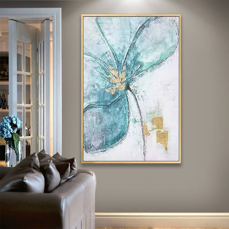 Teal Gold Abstract Floral Hand-Painted Wall Art #YX244