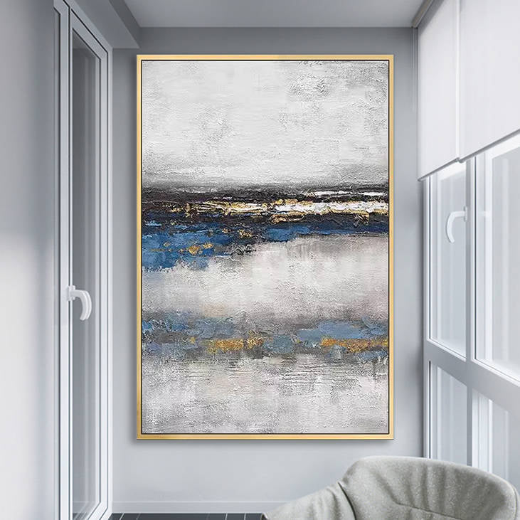 Contemporary Gray Blue Gold Abstract Canvas Art #YX252