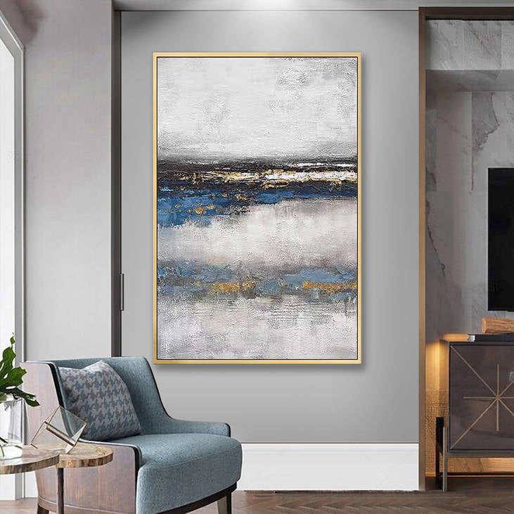 Contemporary Gray Blue Gold Abstract Canvas Art #YX252