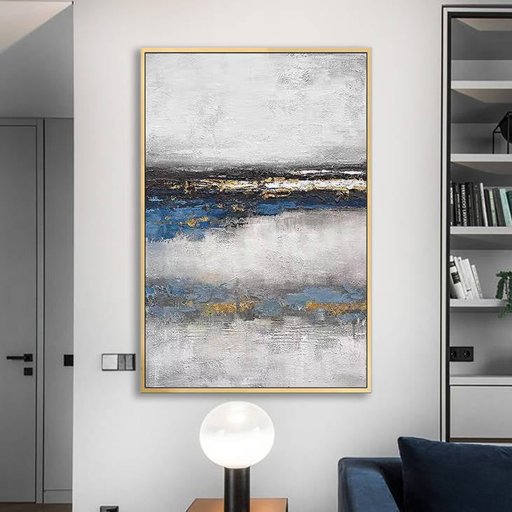 Contemporary Gray Blue Gold Abstract Canvas Art #YX252