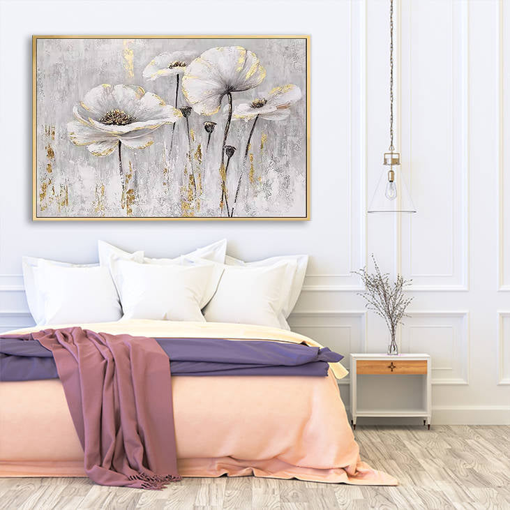 Handmade White Gold Floral Canvas Art #YX255