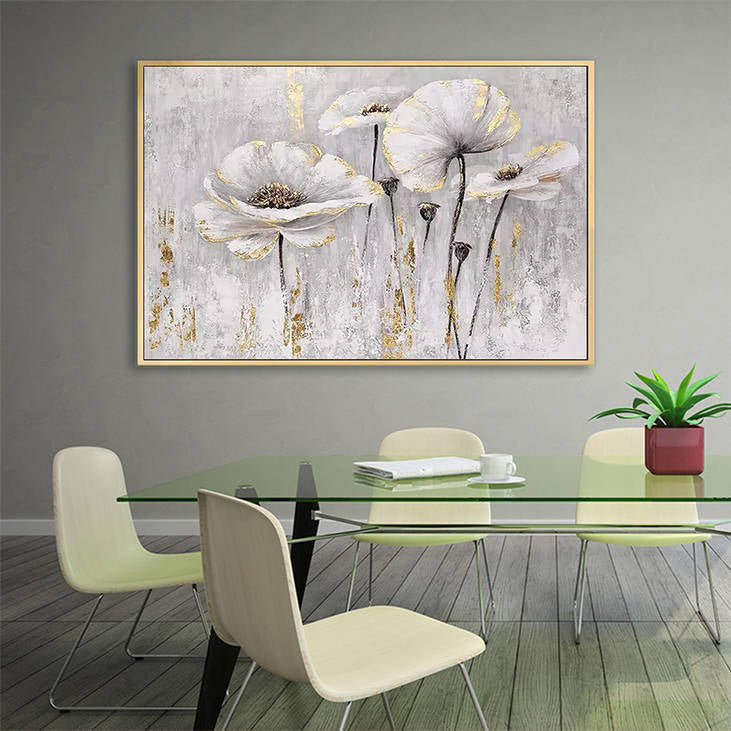 Handmade White Gold Floral Canvas Art #YX255