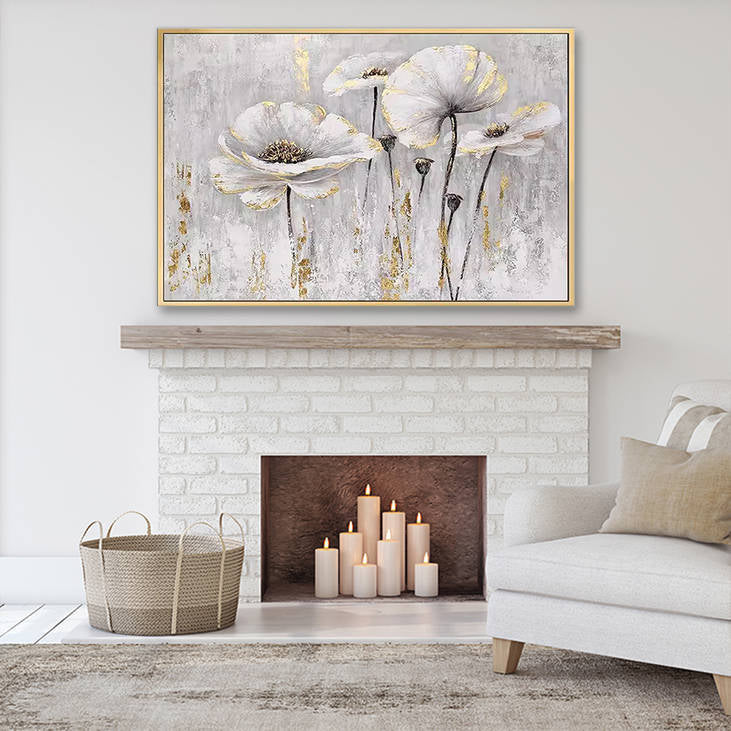 Handmade White Gold Floral Canvas Art #YX255