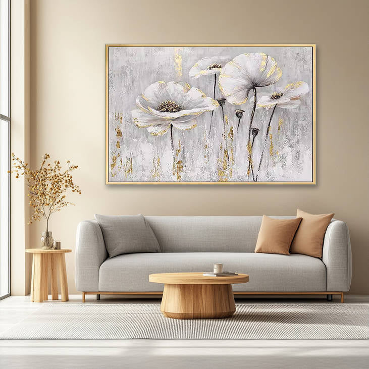 Handmade White Gold Floral Canvas Art #YX255