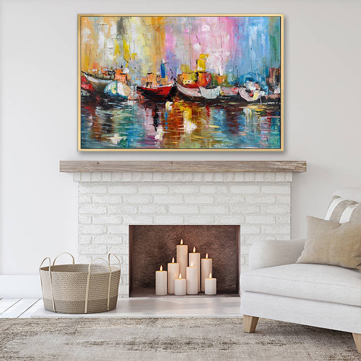 Bold Color Handmade Harbor Boat Abstract Art #YX257