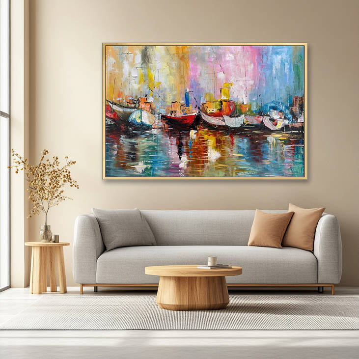 Bold Color Handmade Harbor Boat Abstract Art #YX257