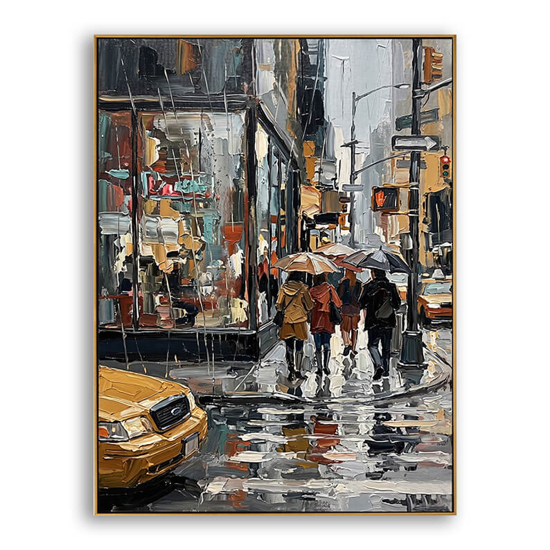 A vertical, framed impasto oil painting on a white background, featuring a textured rainy New York street scene. It depicts pedestrians with umbrellas walking on a wet, reflective sidewalk past a brightly lit shopfront window, with a yellow taxi in the foreground and a thin gold frame surrounding the canvas.