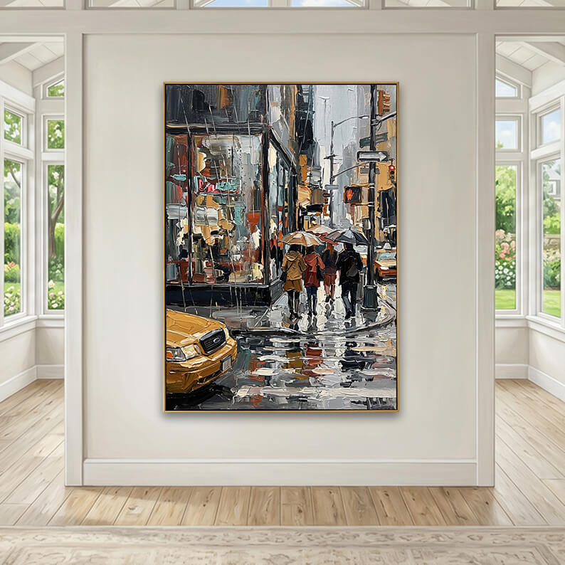 A framed impasto painting of a rainy city street mounted on a central off-white wall inside a bright, sun-drenched room. The painting is flanked by two large multi-pane windows displaying a green garden outside, set above light oak wood flooring.