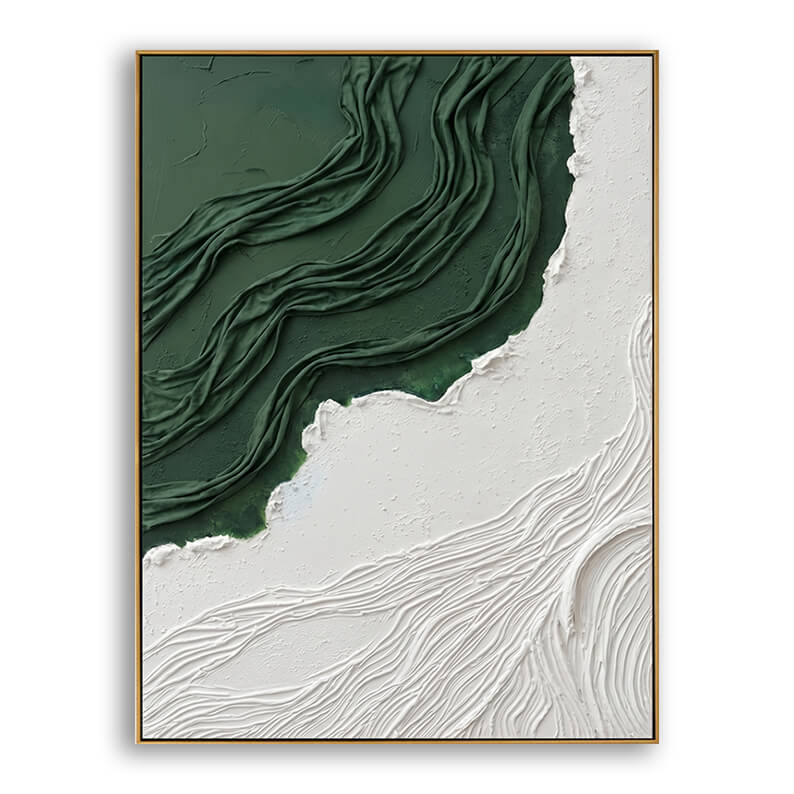 A front-facing product photograph of a vertical 3D textured abstract painting in a thin gold frame, isolated against a solid white background. The artwork features a diagonal split; the upper-left section is filled with flowing, deep forest green drapery-like textures, while the lower-right section features highly textured white plaster with detailed wave-like ridges and a grainy stucco finish.