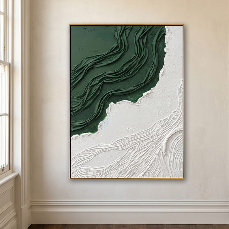 Minimalist interior mock-up featuring the vertical green and white textured artwork mounted on a plain, off-white gallery wall. A classic white-trimmed window is partially visible on the left, with dark wood flooring extending along the bottom.