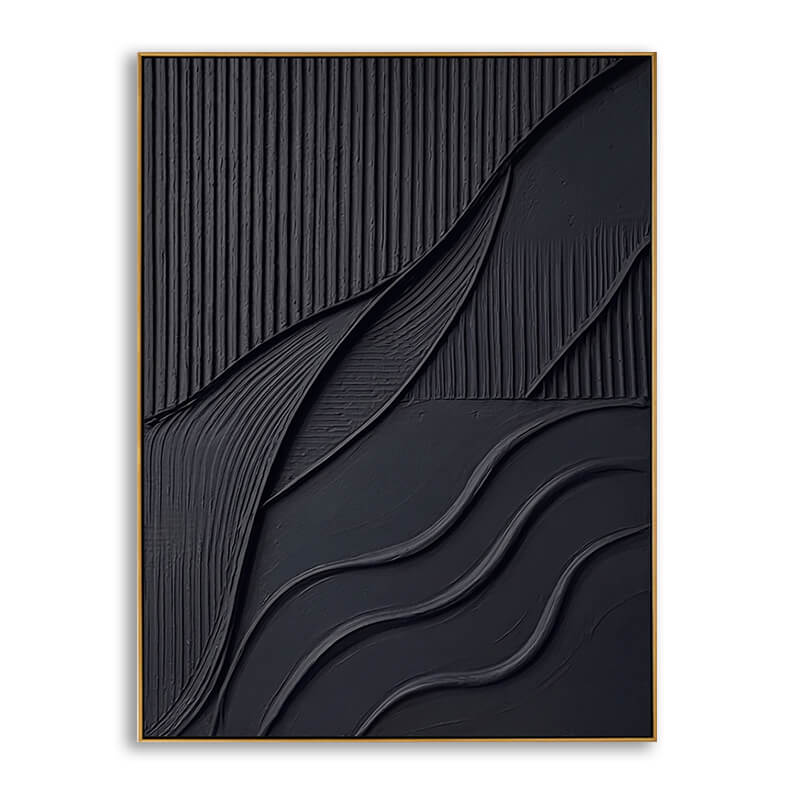 A minimalist, textured abstract 3D relief painting in matte black, enclosed in a thin gold metal frame. The artwork is divided diagonally into distinct tactile zones: the top left features dense, vertical ridges, while the bottom right transitions into a smoother surface accented by three bold, organic wavy ridges flowing horizontally across the canvas.