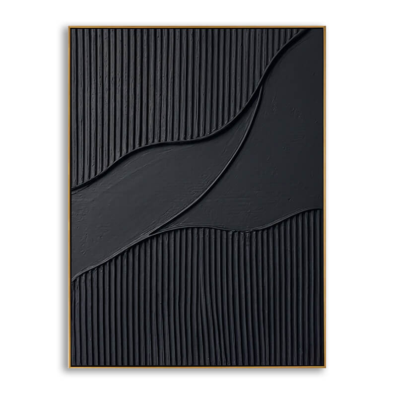 A front-facing, studio product shot of a rectangular piece of modern, minimalist 3D textured art. The piece is entirely matte black, framed in a thin, elegant metallic gold border. The texture is split into three sections: the top and bottom portions consist of tightly packed, vertical plaster-like ridges, while a smooth, organic, wavy ribbon-like band cuts horizontally across the center. The artwork is shown cast against a clean, off-white background with a soft shadow on the left.