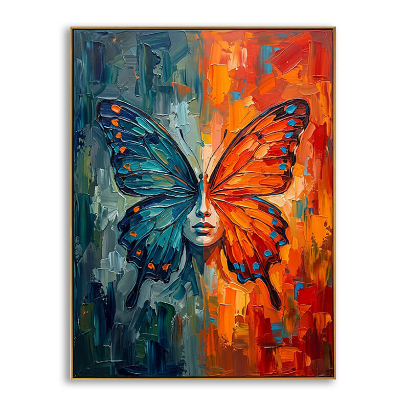 Hand-painted abstract butterfly face oil painting with heavy impasto texture featuring a split color palette of teal and bright orange.
