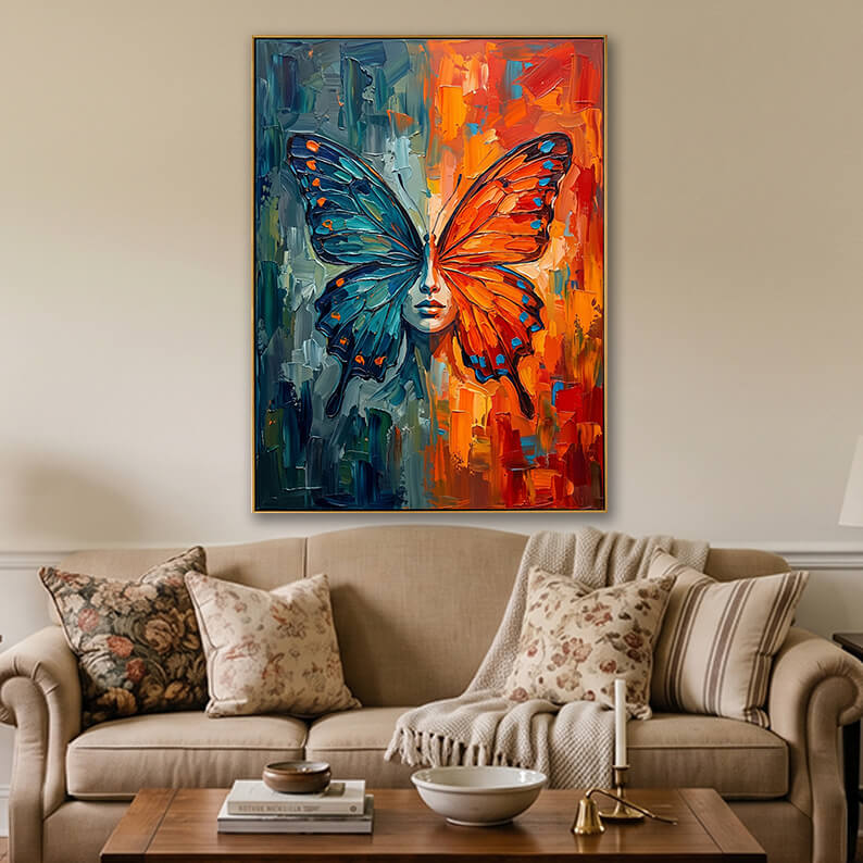 Elegant abstract butterfly portrait canvas wall art displayed above a modern beige sofa in a cozy, warm living room setting.