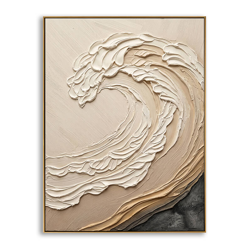 Hand-painted 3D textured neutral abstract wave painting with heavy beige impasto texture on a plain background.