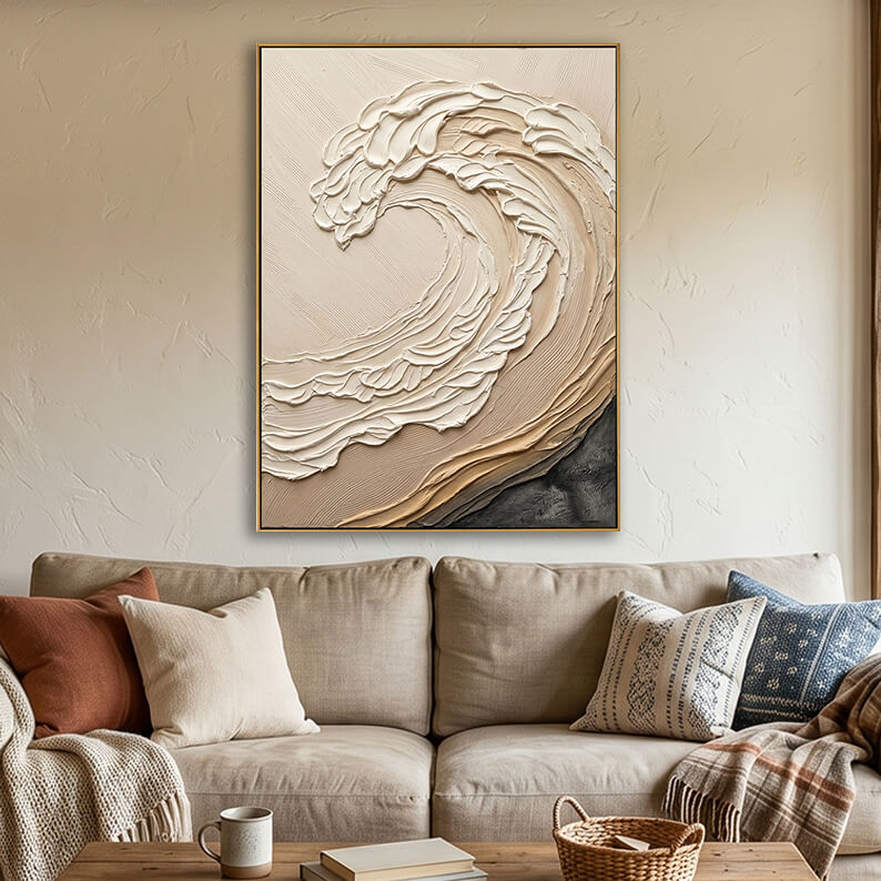 Close-up view of heavy impasto texture wave painting styled in a cozy, wabi-sabi inspired boho living space.