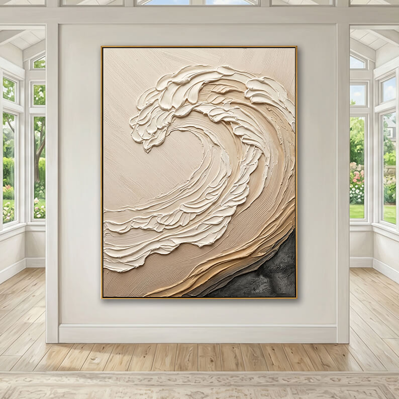 Large minimalist textured wall art displayed gracefully in a bright sunroom with natural light.