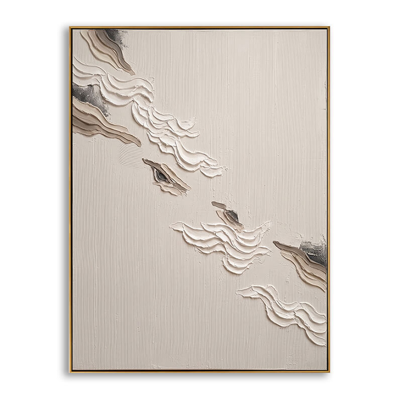 Close-up of Ethereal Drift hand-painted textured abstract painting in beige and grey featuring thick impasto palette knife strokes and a gold frame.