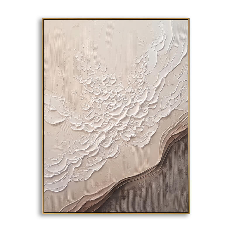 Textured beige abstract painting with thick 3D impasto brushstrokes and an elegant thin gold frame.