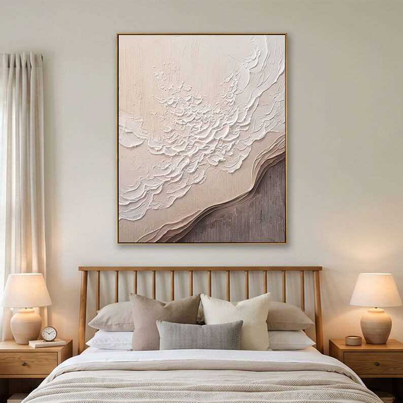 Hand-painted neutral abstract textured wall art displayed above a wooden bed in a modern, serene bedroom.