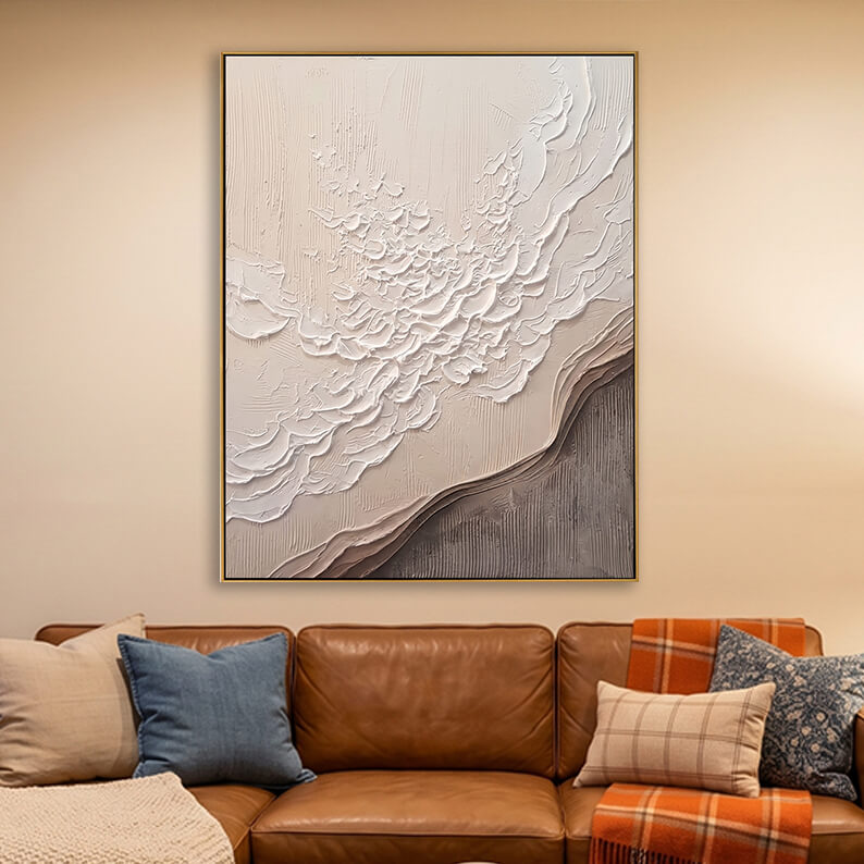 Wabi-sabi style 3D canvas painting decorating a warm living room featuring a brown leather sofa.