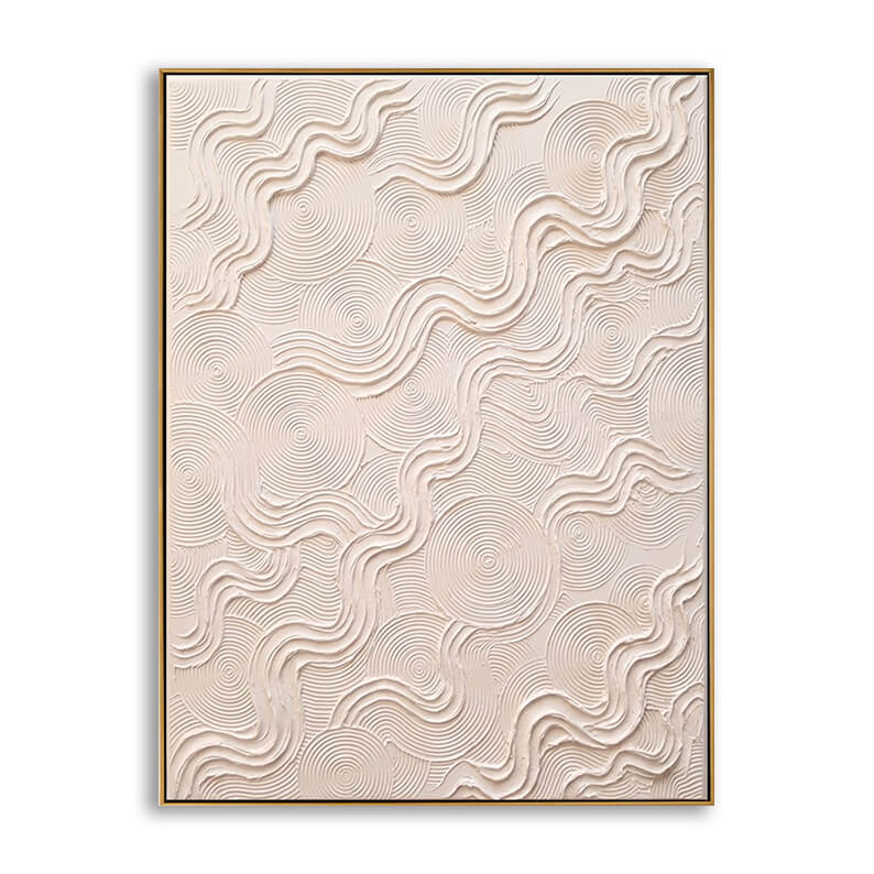 Close-up detail of hand-painted textured off-white abstract painting showing thick impasto concentric circles and flowing wavy lines.