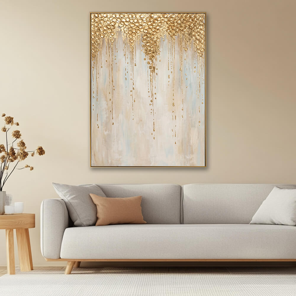 Neutral Beige Gold Leaf Drip Abstract Luxury Wall Decor — Hand-Painted Canvas #YX619