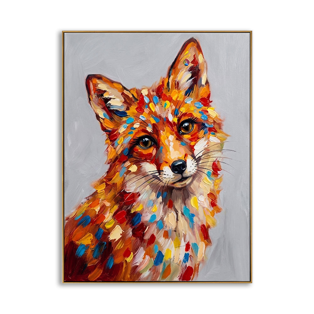 Front-facing view of a hand-painted colorful fox portrait on a clean white background.