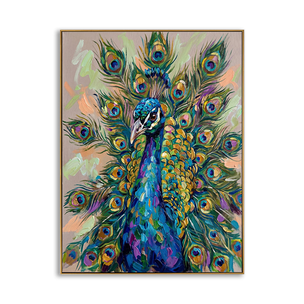 Hand-painted peacock canvas art featuring vibrant blue, green, and gold textured feathers.
