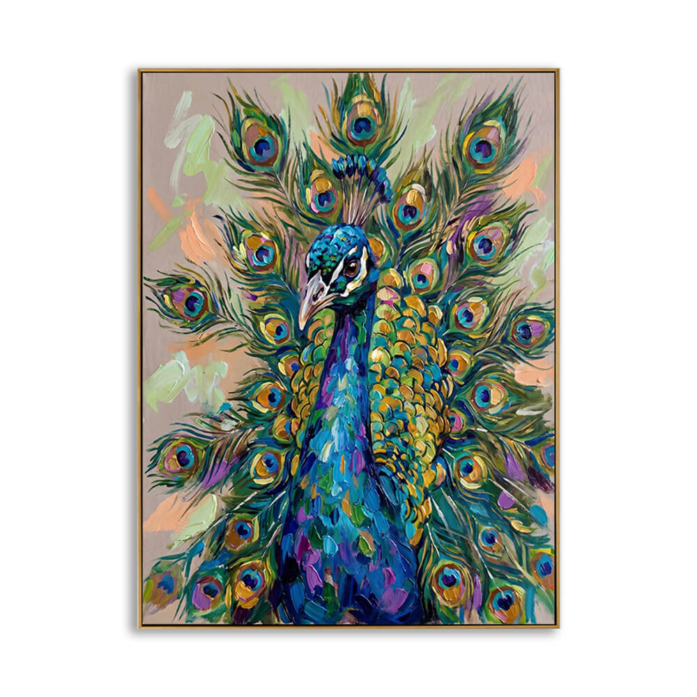 A vibrant, highly textured oil painting of a majestic peacock facing left, framed in a thin, elegant golden metallic border. The artwork is created using thick impasto palette knife strokes, giving it rich physical depth. The peacock's head and neck are painted in deep royal blue, turquoise, and violet, while its partially fanned crown of feathers showcases brilliant golden-yellow, bright green, and turquoise eyespots. The background is a neutral sandy beige with abstract, expressive sweeps of pale green an