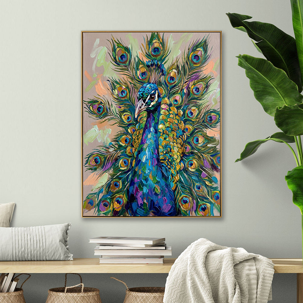 Vibrant peacock wall art styled above a wooden console table with books and decor.