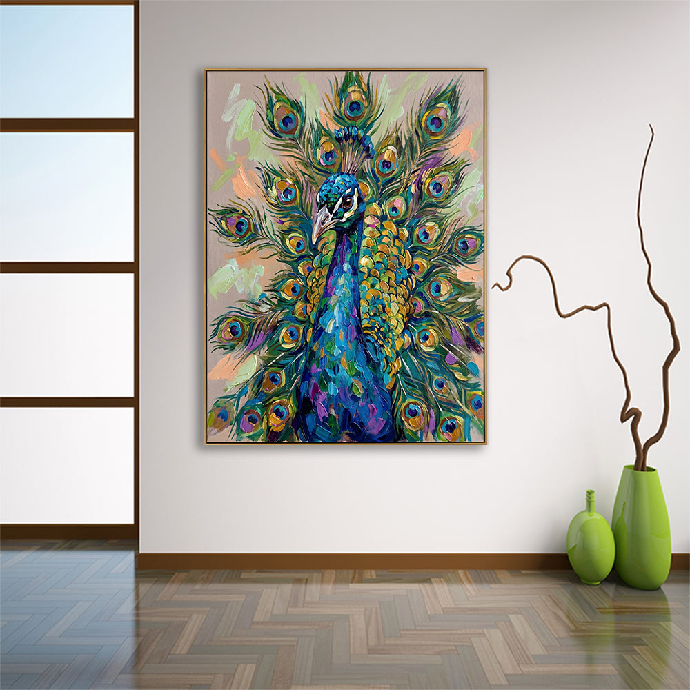 Textured peacock decor on a clean white wall paired with green ceramic vases.